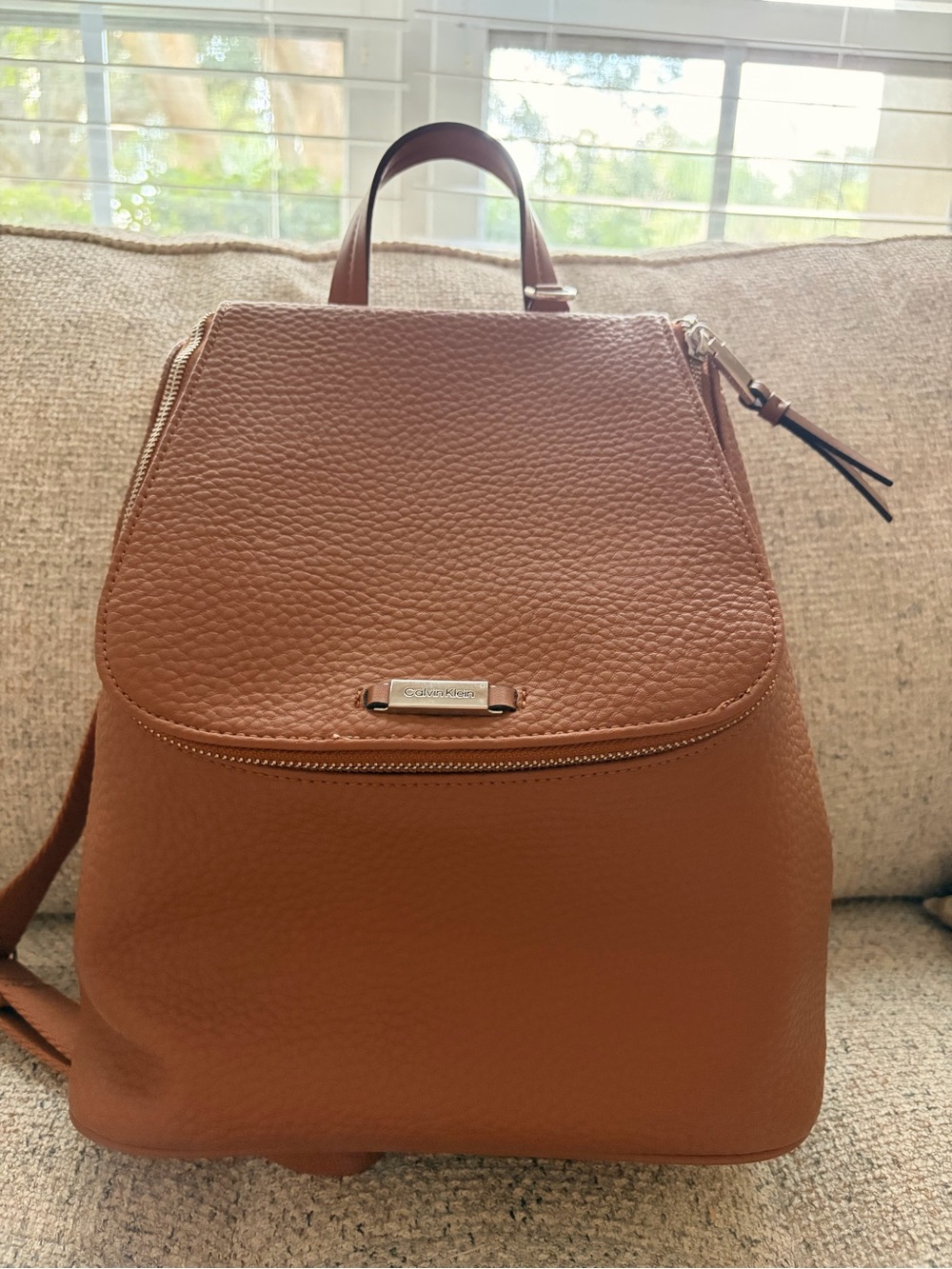 Calvin Klein Brown Pebbled Leather Backpack Purse - Picture 3 of 11